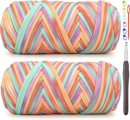 2 Pack Tshirt Yarn for Crocheting,Rainbow T Shirt Chunky Elastic Thick T-Shirt Crochet Yarn for Beginners Crocheting Hand Knitting Bag/Basket/Coasters/DIY Crafts/Home Decor 2*200G-Purple Orange Green