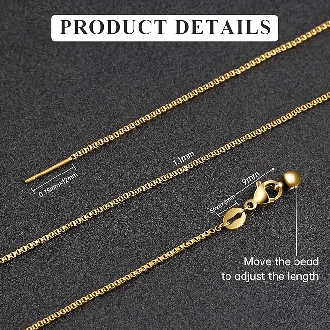 GTVOODX 10Pcs Gold Box Adjustable Necklace Chains Bulk for Jewelry Making 20Inch Stainless Steel Needle Threader Chain with Adjust Clasp