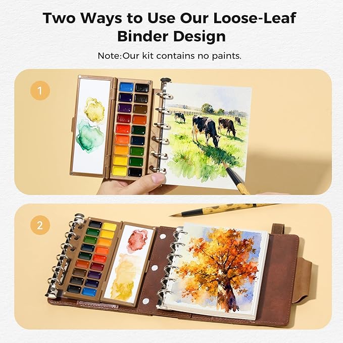 Portable Watercolor Sketchbook Set - 100% Cotton Cold Press 5.1x4.3 Inch 20Sheets Binder Art Journal with 18-Well Ceramic Paint Palette & Travel Watercolor Brushes for Artists Outdoor Painting