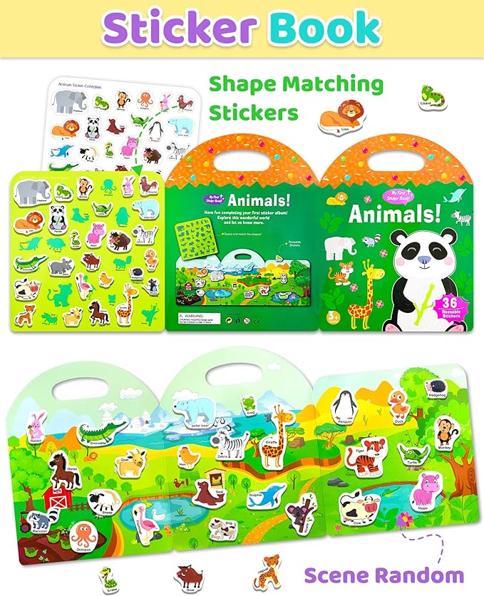 benresive reusable sticker books for kids, sticker books for toddlers, toddler travel toys activities crafts ages 3 and up birthday gifts - animals
