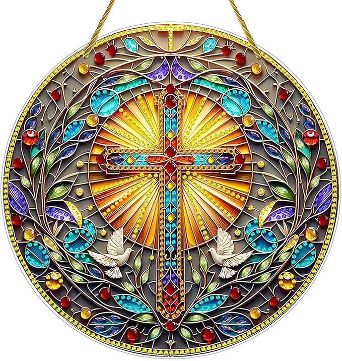 DIY Acrylic Diamond Art Painting Wreath Kits Special Shaped Rhinestone 5D Diamond Art Window Pendants Home Garden Wall Hanging Kits Hanging Ornament (Cross-1)