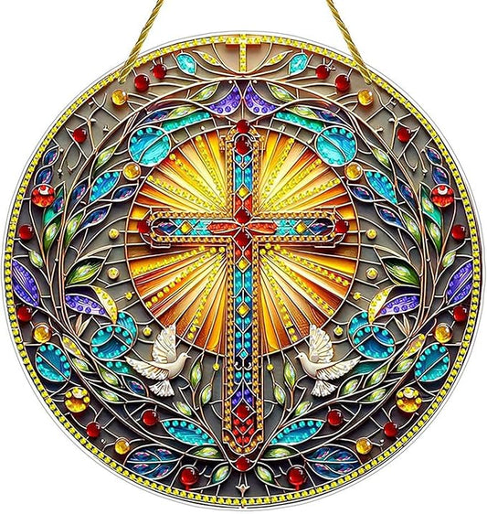 DIY Acrylic Diamond Art Painting Wreath Kits Special Shaped Rhinestone 5D Diamond Art Window Pendants Home Garden Wall Hanging Kits Hanging Ornament (Cross-1)