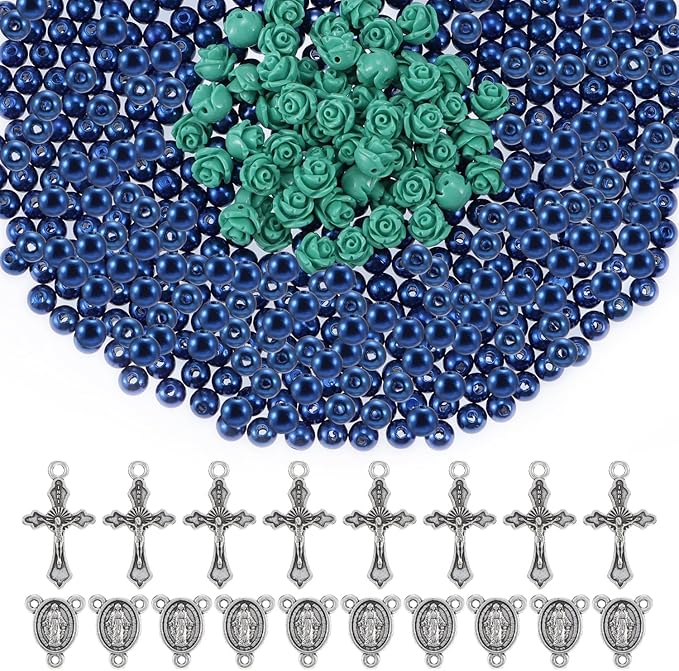 610Pcs Rosary Jewelry Making Kit, Rosary Pearl Beads Carved Rose Beads Rosary Cross Centerpiece Crucifix Medal, Rosary Prayer Making Supplies First Communion Necklace Bracelet Jewelry Making (Blue)