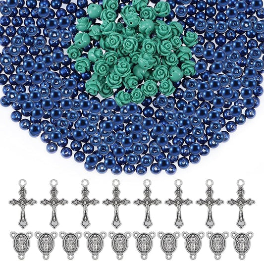 610Pcs Rosary Jewelry Making Kit, Rosary Pearl Beads Carved Rose Beads Rosary Cross Centerpiece Crucifix Medal, Rosary Prayer Making Supplies First Communion Necklace Bracelet Jewelry Making (Blue)