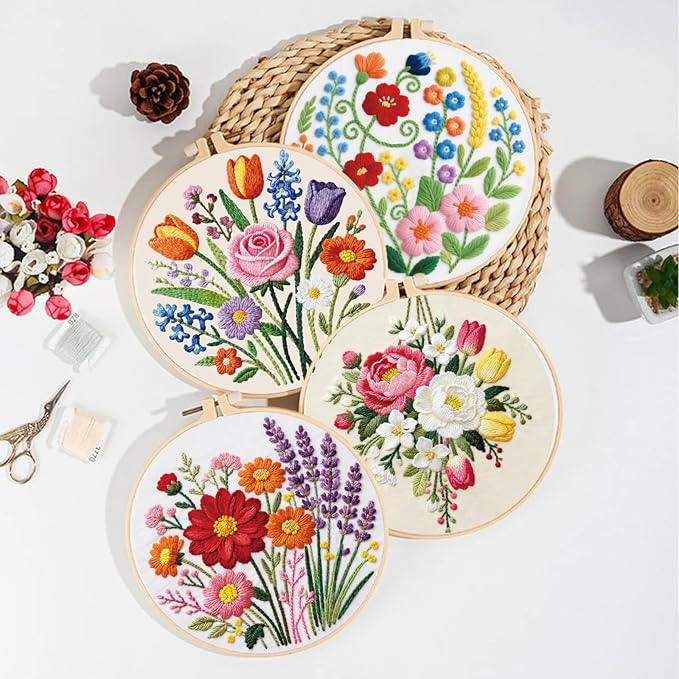 ORIGACH 6 Pack Flowers Embroidery Kits for Beginners, DIY Starter Hand Embroidery Kit with Floral Wreath Wildflower & Butterfly Patterns and Instructions for Adults Women Crafting