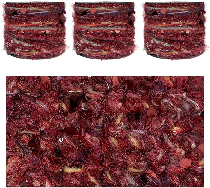 Artisanal Yarn Collection Multifiber Fancy Yarn with Sequins & Iridescent Shimmering Threads for Knitting Crocheting Crafts DIY, Set of 3 Rolls (Burgundy)