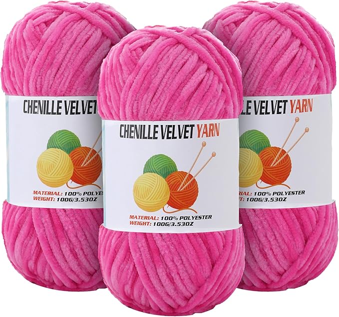 3 * 100g Velvet Chenille Chunky Yarn for Crocheting, Handcrafts Weaving Soft Chenille Yarn for Crocheting Clearance, Used for Making Baby Yarns Blanket, Clothes, Knitting Creations (Deep Pink)