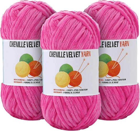 3 * 100g Velvet Chenille Chunky Yarn for Crocheting, Handcrafts Weaving Soft Chenille Yarn for Crocheting Clearance, Used for Making Baby Yarns Blanket, Clothes, Knitting Creations (Deep Pink)