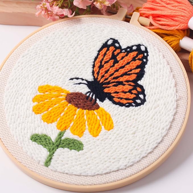 harimau 3pcs beginner embroidery kit,eye pattern,cross stitch kits, including stamped embroidery cloth with 3 embroidery hoops, multicolor color threads for embroidery kit (green)