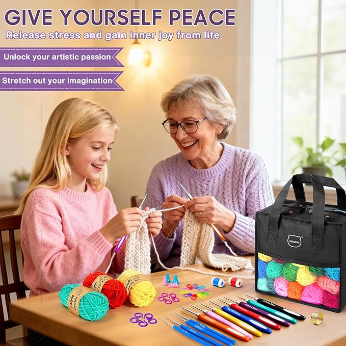 MIAOKE 90 Pcs Portable Crochet Kit with 36 Colors of Crochet Yarn, 36 Crochet Hook Accessories, 16 Crochet Hooks, A Waterproof Knitting Bag and a Storage Bag. Suitable for Beginners and Professionals