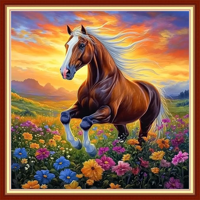 Redxing Stamped Cross Stitch Kits Embroidery kit for Beginners Adults Full Range of Embroidery Patterns Starter Kits DIY Printed Cross Stitch Kits Needlepoint Kits 11CT-Flowers and Horses 18x18 inchs