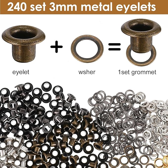 LXUEJIE 240 Sets 3mm Metal Eyelets, 4 Colors Eyelets and Grommets Kit for Paper Crafts Round Small Eyelet with Washers for Scrapbooking Card Making Fabric Leather Craft Shoes Clothes