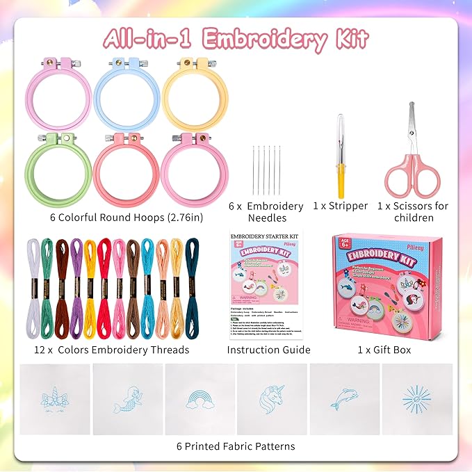 Pllieay 6PCS Embroidery Kit for Kids, Needlepoint Kits for Beginners with Pre-Printed Pattern, 6Pcs Hoop, Threads, Keychains and Instructions, Kids Cross Stitch Kits Supplies for Crafting