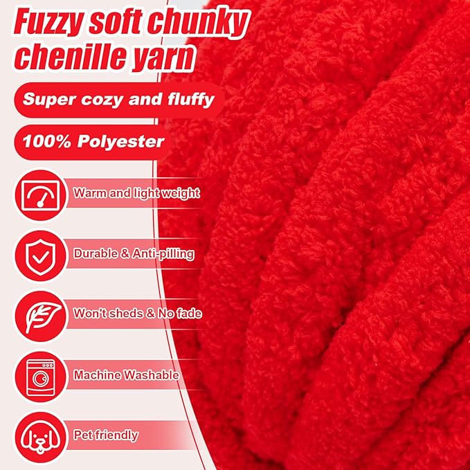 Chunky Yarn for Hand Knitting, Jumbo Chunky Yarn for Crocheting, Chunky Chenille Yarn, 1 Pack (32 yds 8.5 oz Each Skein),#7, Red