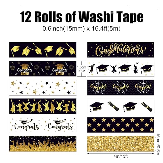 12 Rolls Graduation Washi Tape, Black Foil Gold Congrats Grad Masking Tapes, Congratulations Grad Cap Decorative Paper Stickers for Graduation Scrapbook Gift Wrapping DIY Art Crafts 16.4FT
