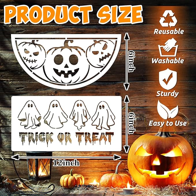 16 Pcs Halloween Stencils for Paintng on Wood Welcome Ghost Bat Trick or Treat Stencil for Aduts & Kids Spooky Boo DIY Crafts Kit Templates for Plain Door Hanger Door Mats Supplies