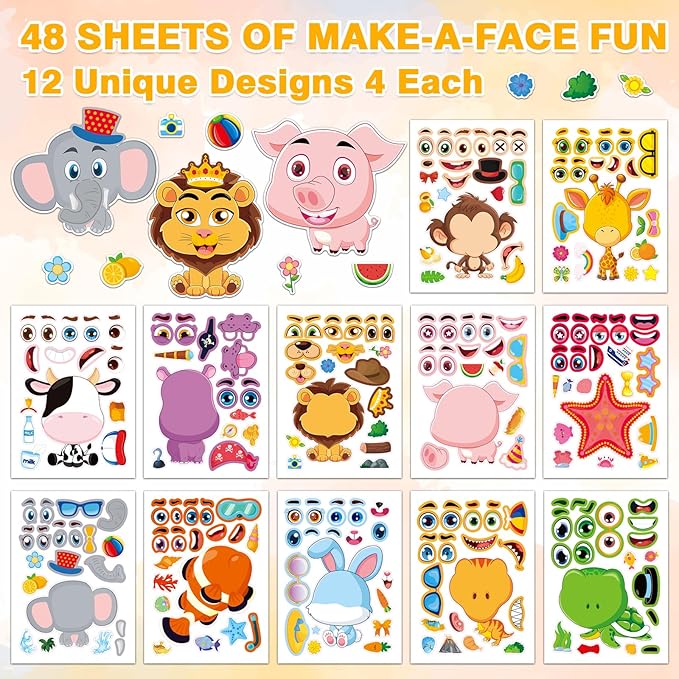 aowplc 48 pcs make-a-face sticker sheets for kids 12 animal designs for party favors crafts activities & goodie bag stuffers