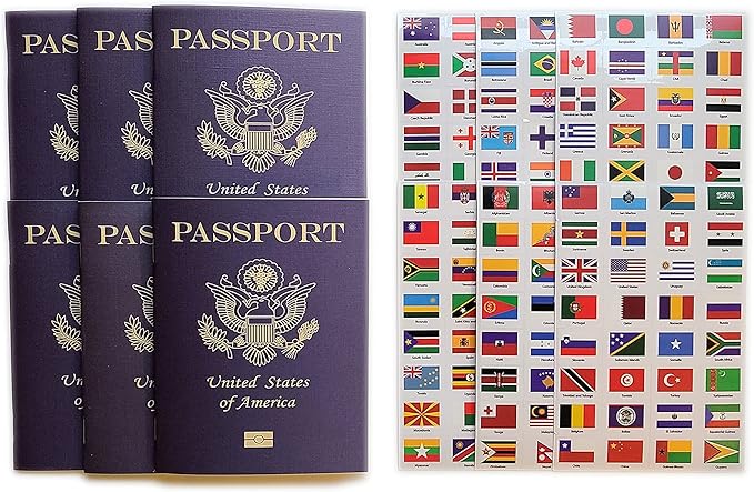 SJPRINTER Blank Passport Notebook | Pretend Passports | School Projects, Party favors, airplane toy, travel journal, geography, classroom social study (6Passports_6SetsFlags)