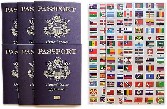 SJPRINTER Blank Passport Notebook | Pretend Passports | School Projects, Party favors, airplane toy, travel journal, geography, classroom social study (6Passports_6SetsFlags)