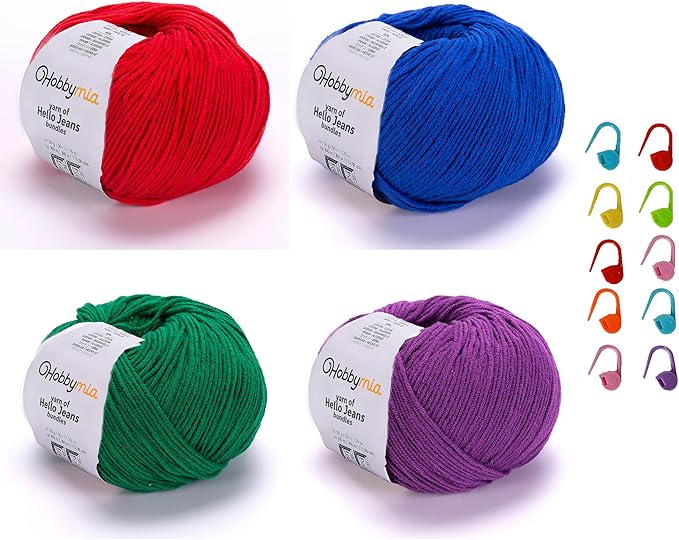 Cotton Yarn Kit - 4 Multicolor Balls Soft Sport Weight Yarn for Crochet & Amigurumi - 50g / 175yds Each & 10 Stitch Markers (H15 - Vibrant-2)