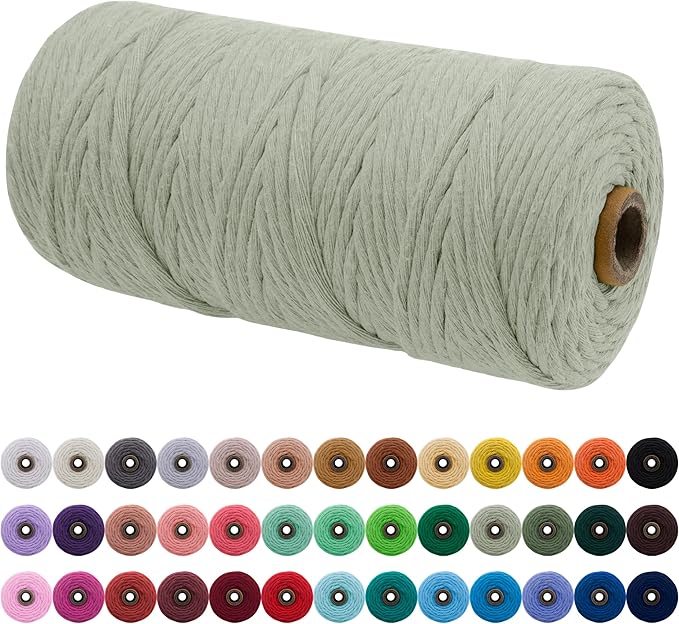 JeogYong Single Strand Macrame Cord 3mm x 109 Yards (328 Feet) Soft Cotton Rope Macrame Yarn 3 mm Macrame Cord, Macrame Supplies for Crafts Wall Hangings Plant Hangers Decorations (Bean Green)