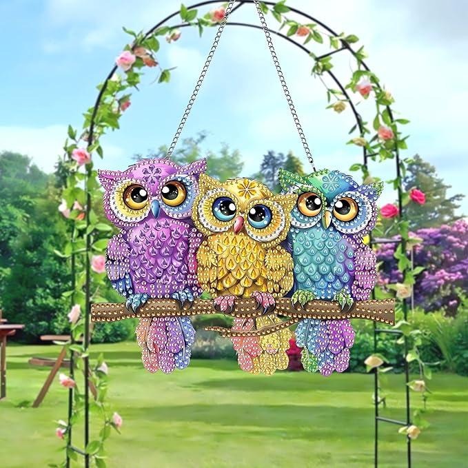 LOMSIOY Diamond Art Hanging Kit for Adult, Bird Front Door Sign Window Hanging for Outdoor, Animal Double Sided Summer Decor Suncatcers for Porch, Hanging Pendants for Garden Wall （8x8 Inch