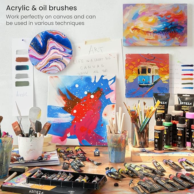 ARTEZA Paint Brush Set, 72 Brushes with Foam, Flat & Detail Tips, Mixed Handles, Art Brushes for Watercolor, Acrylic on Canvas, Paper or Wood