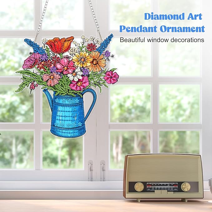 RICUVED Flowers Hanging Diamond Art Kit for Adults, Kettle Special Shaped Crystal Gem Craft Diamond Painting Pendant Kit for Beginners, DIY Hanging Acrylic Art Ornament for Home Garden Wall Decor