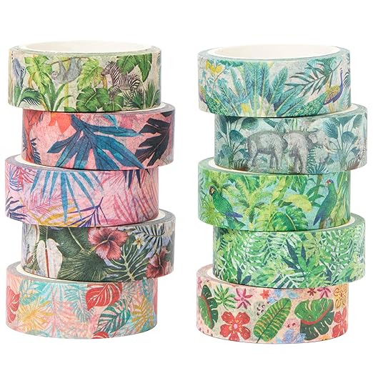 YUBX Plants Washi Tape Set in Painting Style 10 Rolls Tropical Rainforest Drawing Masking Animals Graphic Decorative Tapes for Arts, DIY Crafts, Journals, Planners, Scrapbook, Wrapping