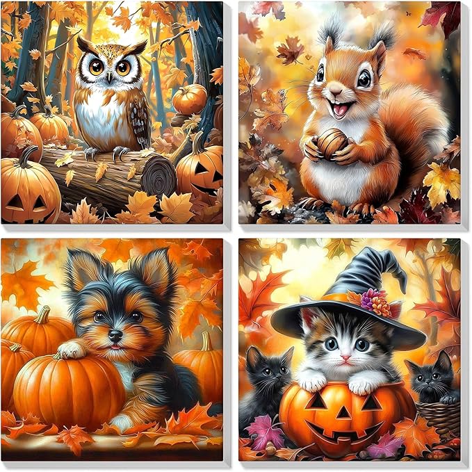 Bowetile 4 Pack Fall Framed Paint by Numbers for Adults Beginners, Easy Adults' Paint-by-Number Kits on Canvas, Acrylic Animals Number Painting Crafts Kits Halloween Gifts for Home Decor, 8x8in