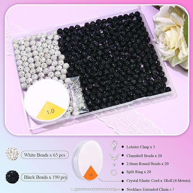 Dowarm 255PCS 10mm Rhinestone Beads for Baseball Rhinestone Necklace Bracelet Jewelry Making, Round Polymer Clay Beads for Crafts Beaded Pen, Shamballa Clay Pave Disco Diamond Bead, Black|White