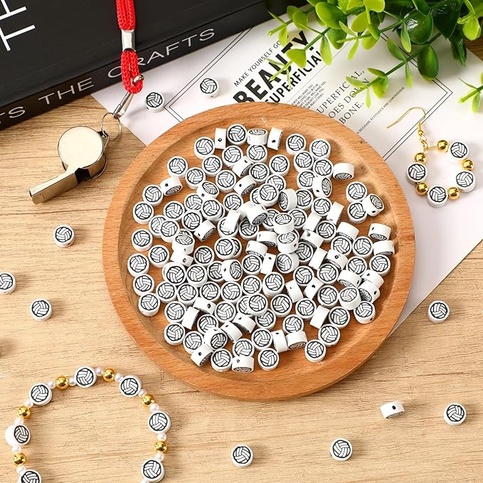 Augshy 300Pcs Volleyball Polymer Clay Beads 10mm Sport Clay Beads charms for Bracelets Necklaces Earrings and Crafts Supplies