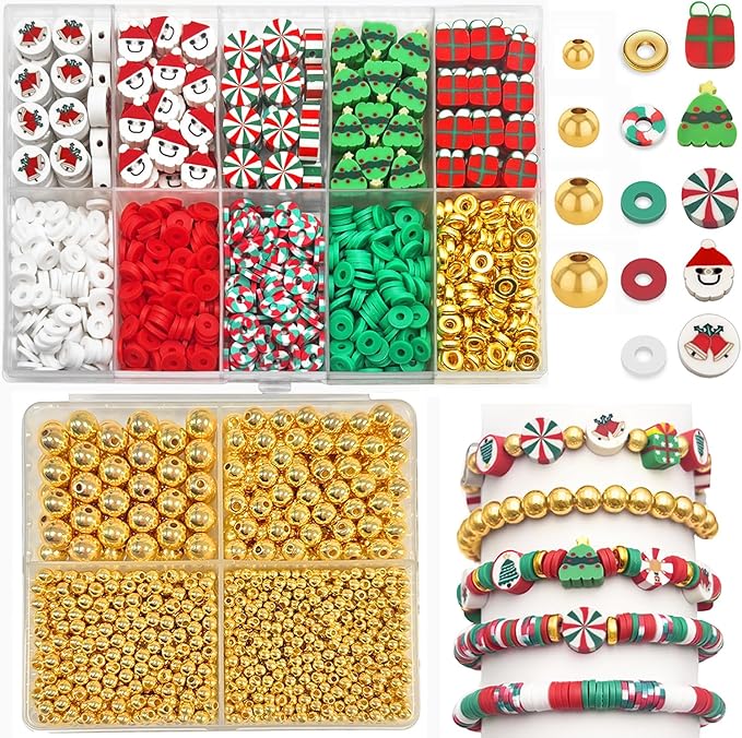 ZSFLZS Gold Beads Christmas Polymer Clay Beads Bracelet Making Kit, Round Spacer Bead 3/4/6/8mm 4 Size Smooth Ball Christmas Bead for Jewelry MakeDIY Bracelet, Necklace, Earring Making