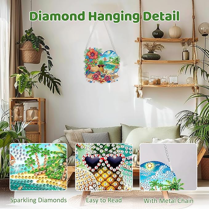 MEIYUDA Summer Diamond Art Hanging Kits for Adult, Summer Beach Diamond Painting Hanging Kits Ornaments, DIY Special Shaped Rhinestone Window Pendants Kit for Home Garden Wall Decor Gift