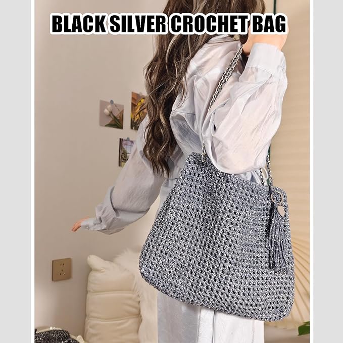 Herally Crochet Kit DIY for Beginners - Include Yarn, Hook and Accessory - with Step by Step Video Tutorials - Shining Tote Bag (Navy Blue)