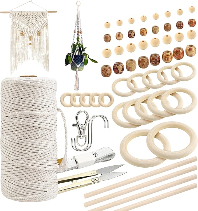 227pcs Macrame Kits 3mm 115yards Wall Hanging Natural Cotton Macrame Cord with Wooden Beads & Rings Wooden Sticks, Metal S-hooks Supplies for Hanging Plant Hand Tassel weaving