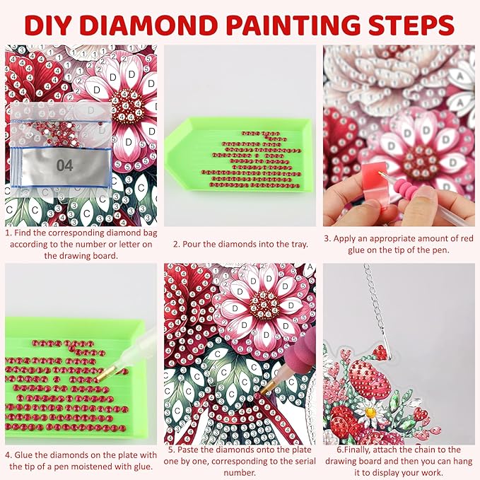 MEIYUDA Valentine's Day Hanging Diamond Art Kits for Adult, Flowers Diamond Painting Hanging Kits Ornaments, DIY Special Shaped Rhinestone Window Pendants kit for Home Garden Wall Decor Gift