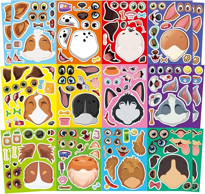 24 sheets dogs make a face stickers, make your own dog stickers for kids, animal sticker for birthday gift party favors supplies teacher art craft, games school activity reward