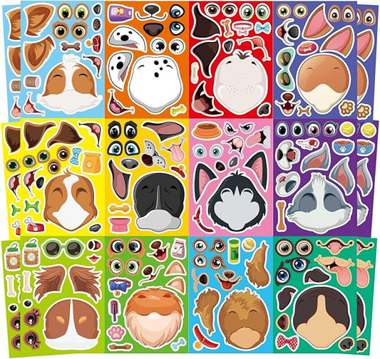 24 sheets dogs make a face stickers, make your own dog stickers for kids, animal sticker for birthday gift party favors supplies teacher art craft, games school activity reward
