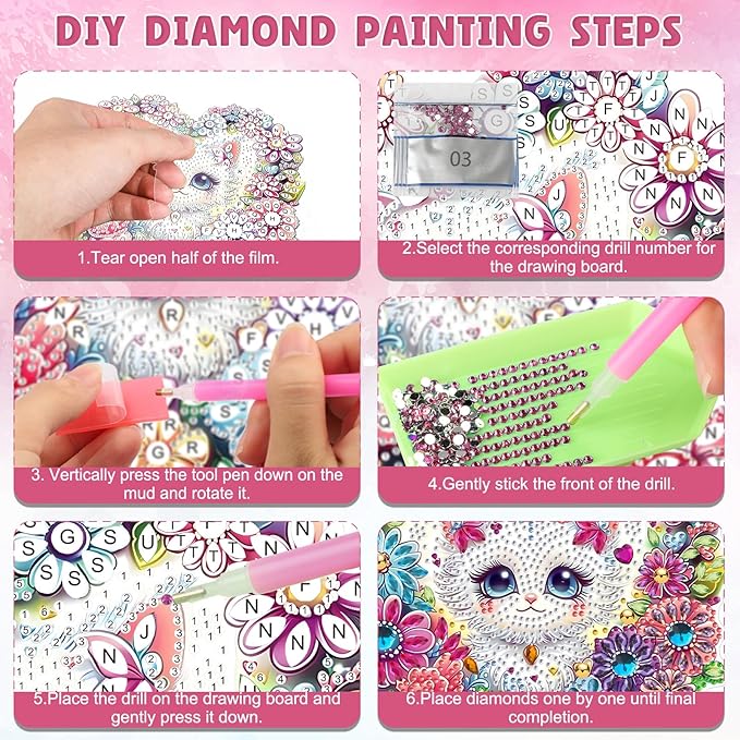 DOMROM Cat and Flower Diamond Art Hanging Kits for Kids Beginners, Special Shaped Crystal Diamond Painting Cat Pendant, DIY Diamond Art Suncatchers Animal for Home Garden Wall Decor Gift