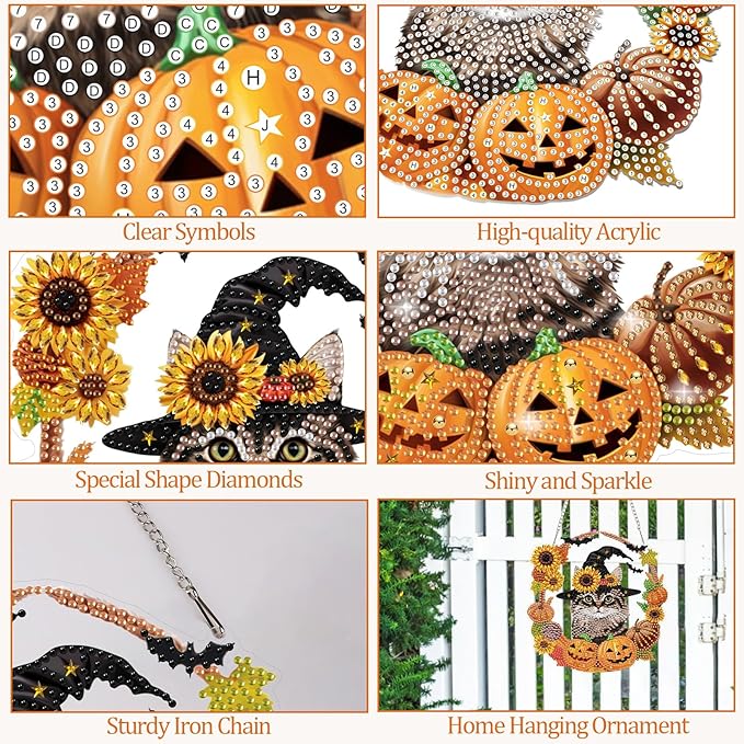 CEOVR Halloween Diamond Painting Hanging Ornament, Cat Pumpkin 5D Special Shape Diamond Art, Crafts for Adults DIY Fall Gem Art, Acrylic Home Garden Window Wall Decor with Chain, Box Kit, 7.57×7.61in