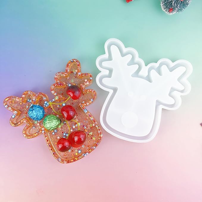 Christmas Reindeer Silicone Mold Resin kit, Epoxy Resin Tray Casting Molds with Glitter Design, Candy and Snack Plates, Jewelry Storage Tray Holiday Crafting Resin molds Silicone Clearance