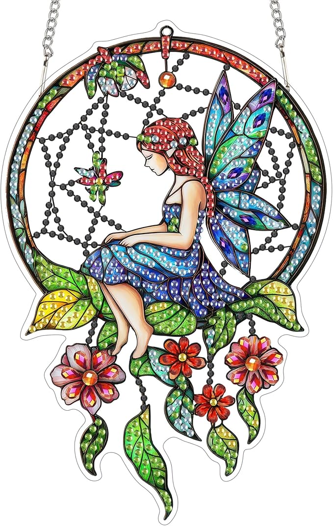 SKRYUIE Girl Hanging Diamond Art Kits for Adults Pendant Suncatcher, Special Shaped Crystal DIY Pearl Diamond Painting Kit, Gift for Mother Spring Summer Window Wreath Decor 7.6 x 5.12 Inch A19