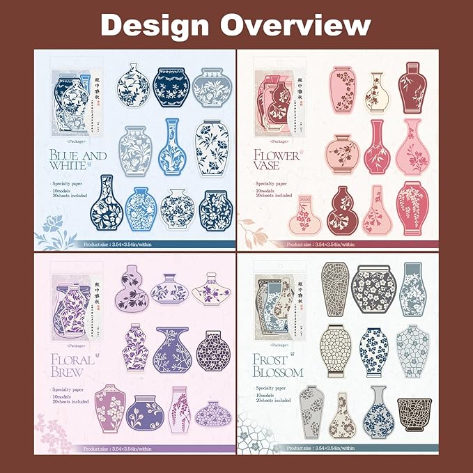 Oriental Floral Vase Stickers – 80pcs Pre-Cut Ceramic Bottle Designs with Relief Texture, Self-Adhesive Decorative Paper for Scrapbook Journaling Collage Planner Crafts