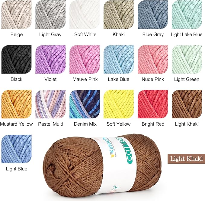 Katech Pure Cotton Yarn for Crocheting & Knitting–Soft Sport Weight CYC #2, 6 Skeins (50g Each, 300g Total), Ideal Crochet Yarn for Dishcloths, Baby Clothes, Socks, Lightweight Scarves（Light Khaki）
