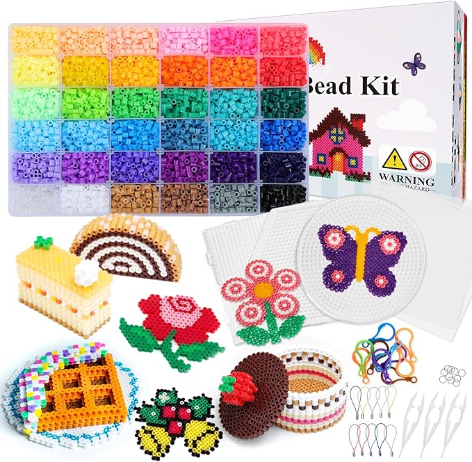 Quefe 11800pcs Fuse Beads Craft Kit, 36 Colors 5mm Beads, Melting Beads Set for Girls, Including Pegboards, Ironing Paper, Tweezers, Great Gift for Birthday