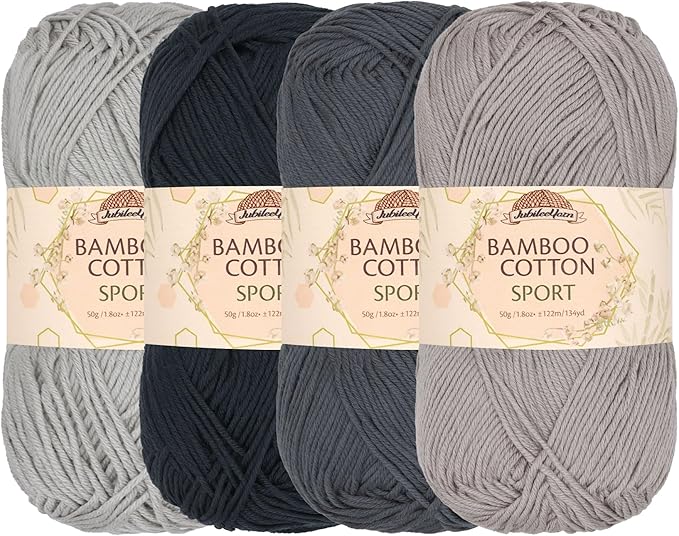 JubileeYarn Bamboo Cotton Sport Yarn - 50g/Skein - Shades of Grey - 4 Skeins