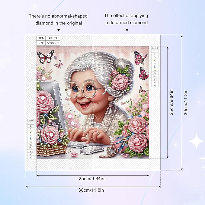 AiYuanzsh 5D Special Shape Diamond Art Kits for Beginners, Lovely Grandma Diamond Art Painting Kits for Adults, Crystal Rhinestones Diamond Art Painting for Home Wall Decoration Gift 12×12 inch