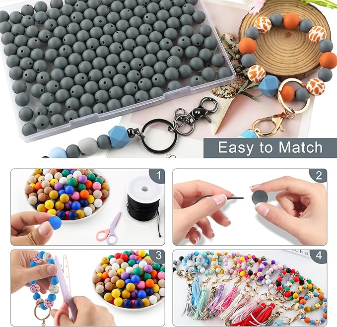 160Pcs 12mm Silicone Beads for Keychain Making Bracelet Necklace, Bulk Round Silicone Beads for Pens（Dim Gray）