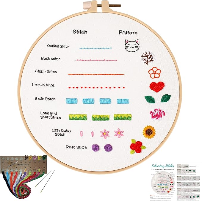 Louise Maelys Beginners Embroidery Kit, 8 Basic Stitches Practice Tool for Adults,Cross Stitch Starter Kits with Cloth Hoop Needles Instruction and Threads